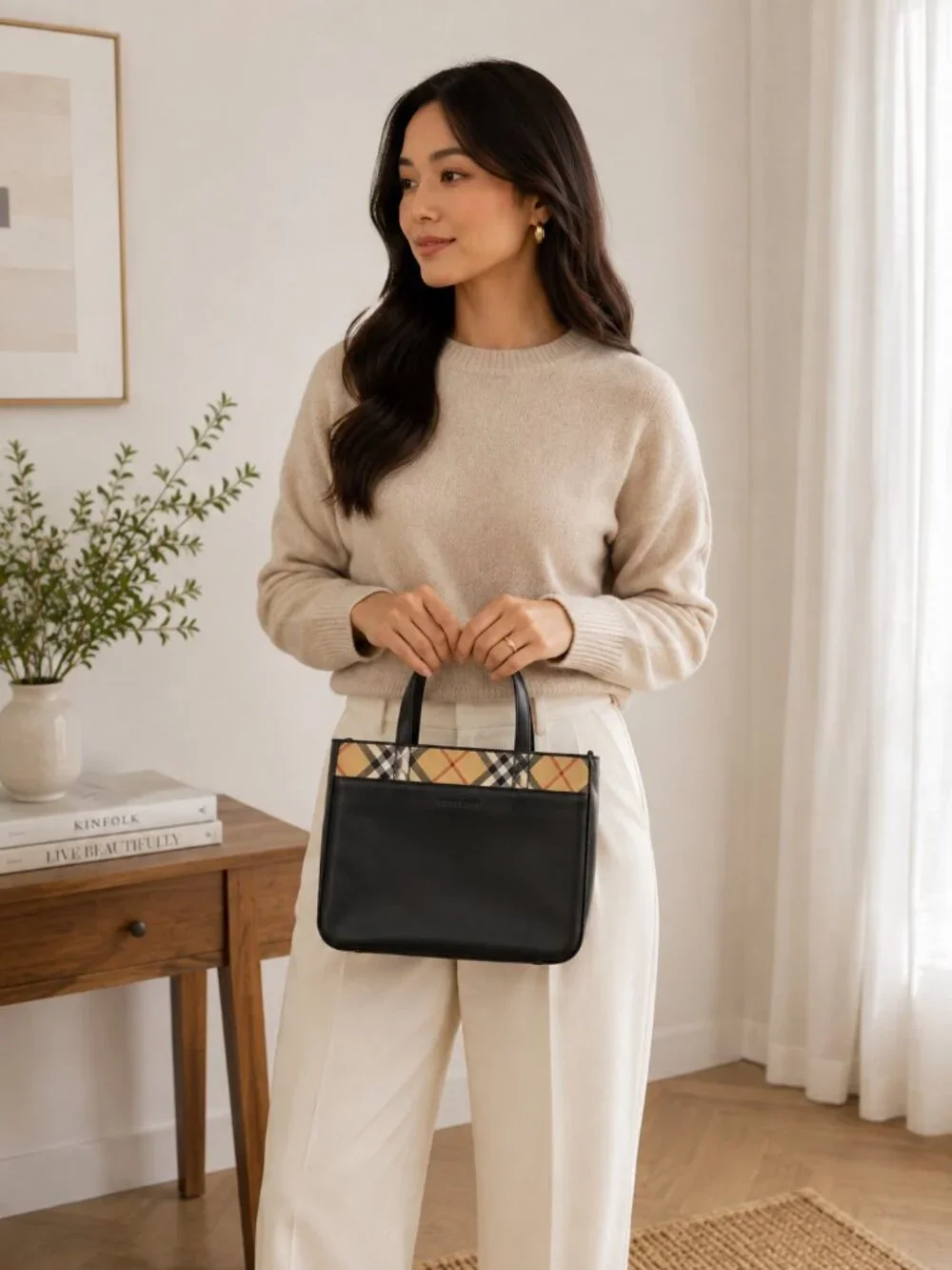 Burberry Black Leather Mini Tote Bag with Nova Check Trim